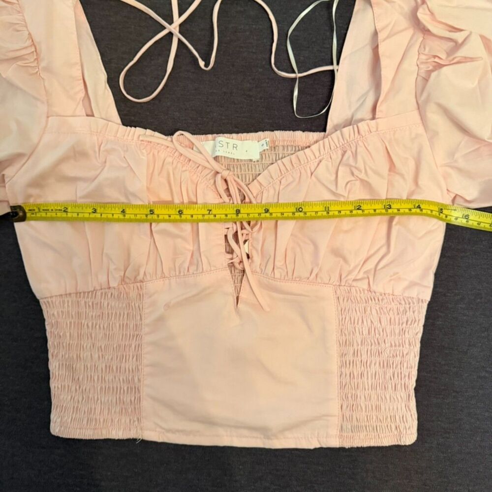 nwt ASTR The Label Blush Pink Puff Sleeve Smocked Corset Crop Top S - Picture 7 of 10